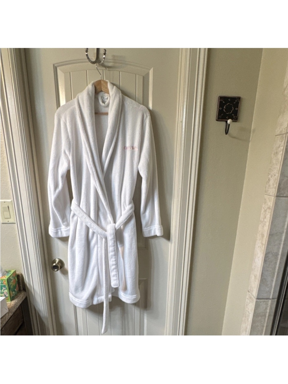 Calvin Klein White Plush Spa Robe with Pink Embroidery